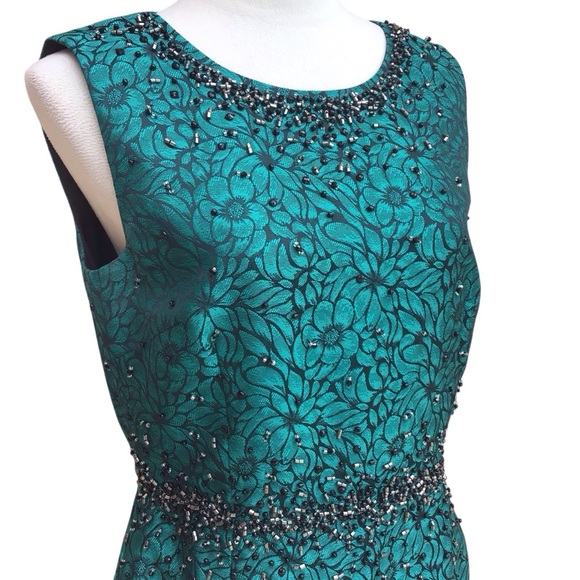 Katherine Kelly Green Black Floral Beaded Nanette Sheath Dress Size 8 - Picture 7 of 11